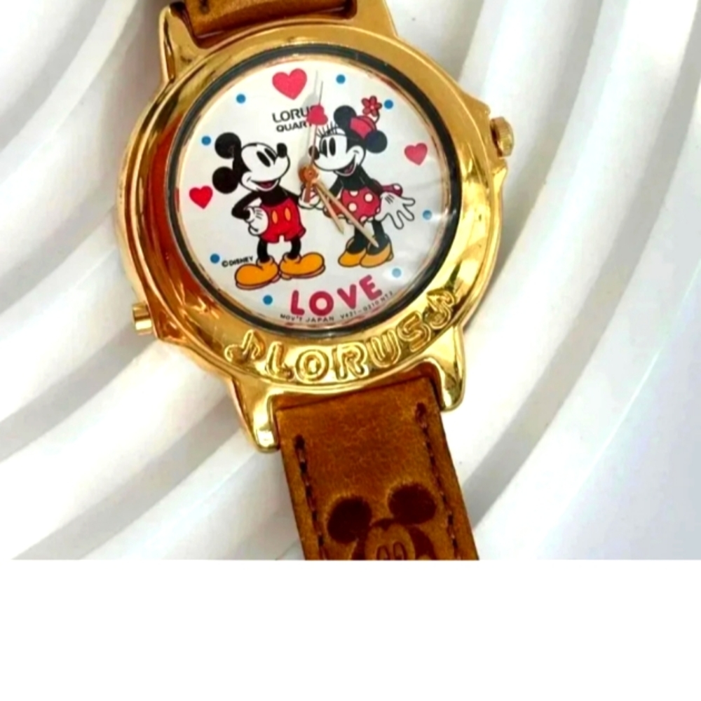 Vintage Rare Disney Mickey And Minnie Lorus Leather Wrist Watch